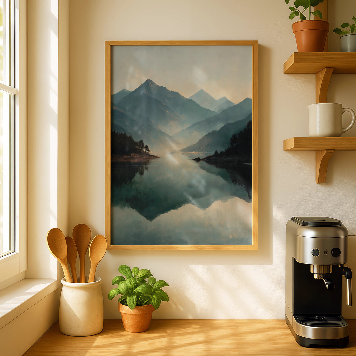 Mountain Lake Reflection Poster, Misty Japanese Landscape Wall Art, Teal Grey Decor