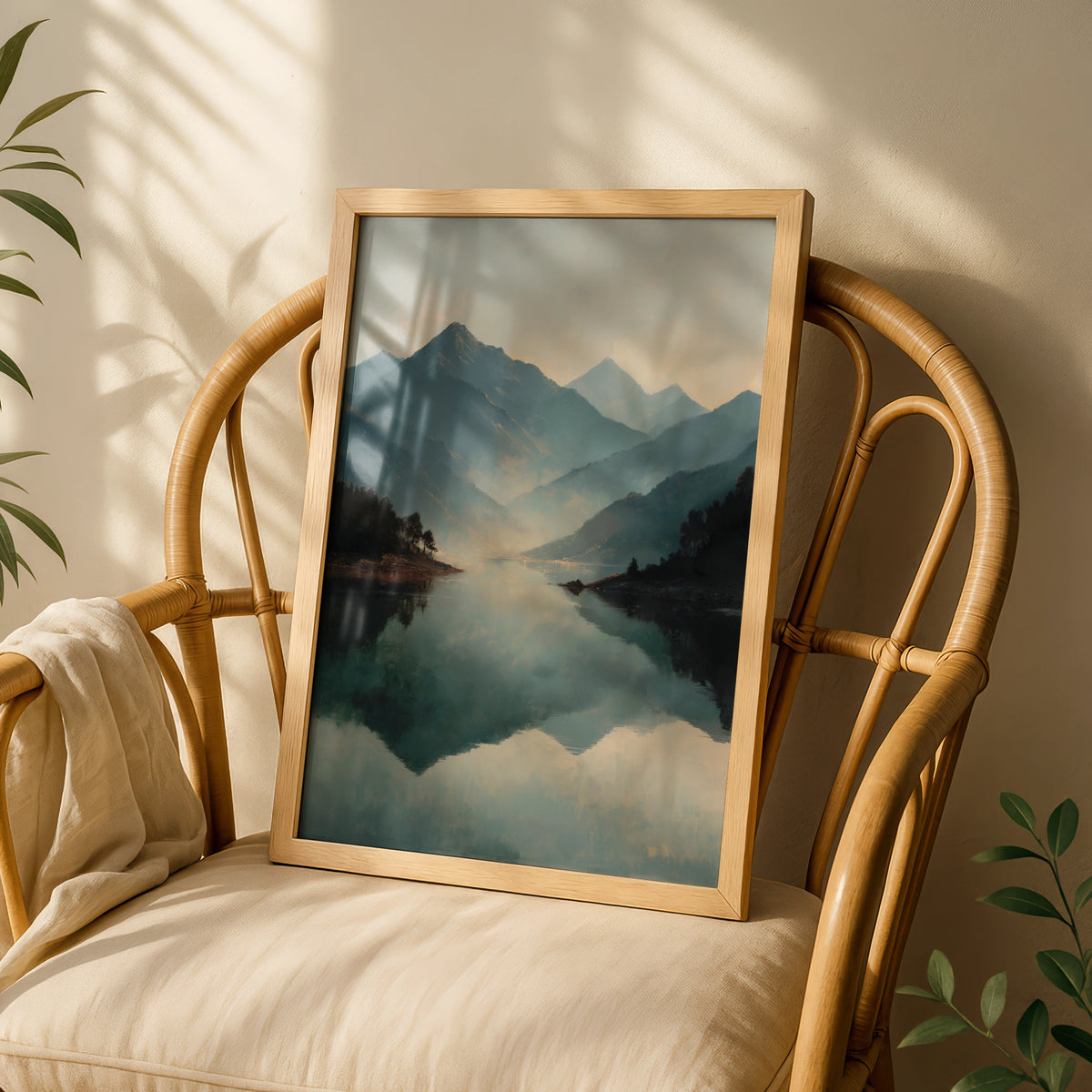 Mountain Lake Reflection Poster, Misty Japanese Landscape Wall Art, Teal Grey Decor