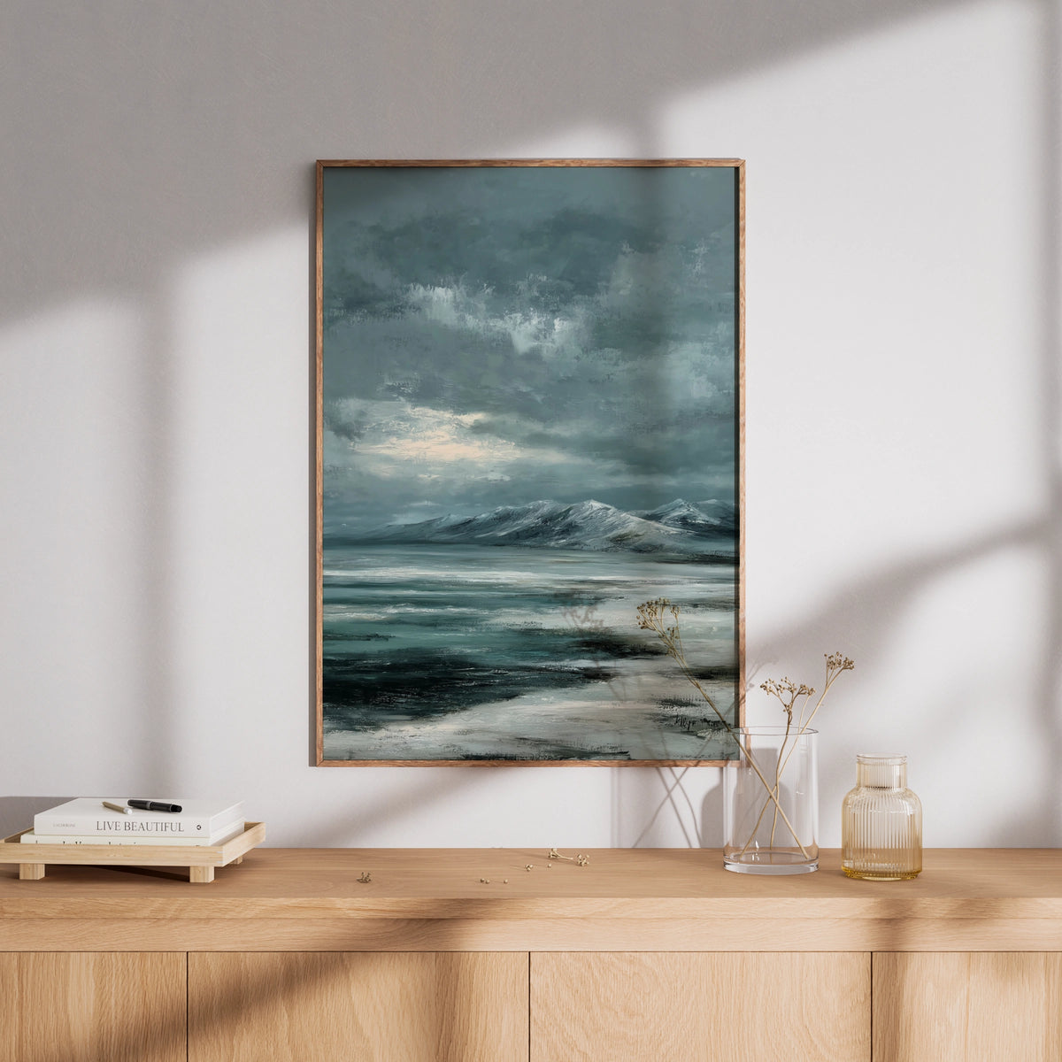 Snowy Mountain Landscape Poster, Winter Arctic Wall Art, Teal Grey Moody Sky