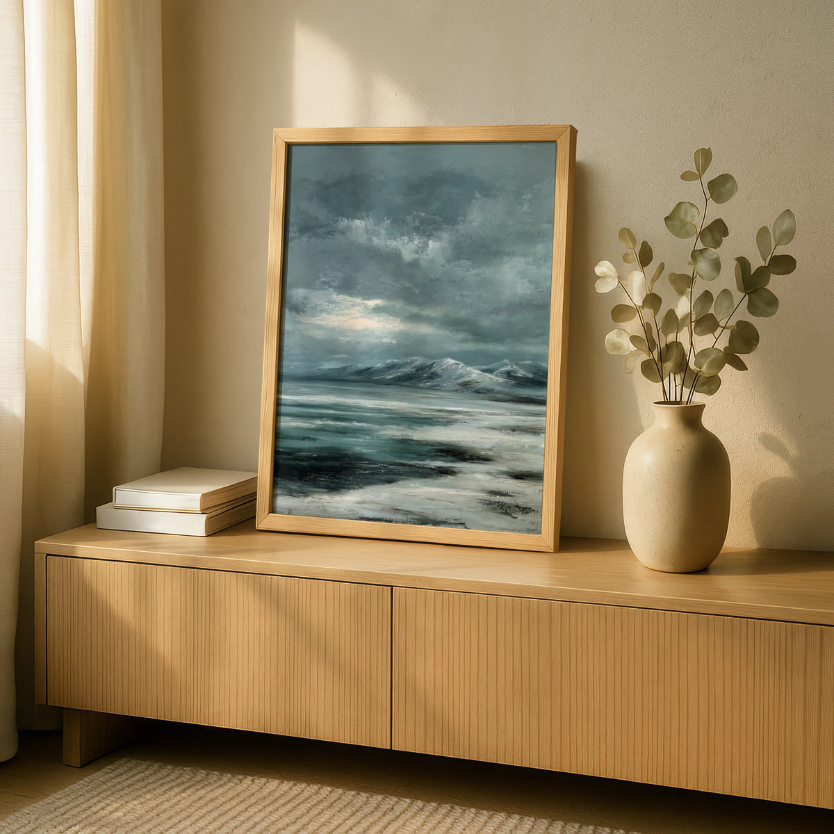 Snowy Mountain Landscape Poster, Winter Arctic Wall Art, Teal Grey Moody Sky