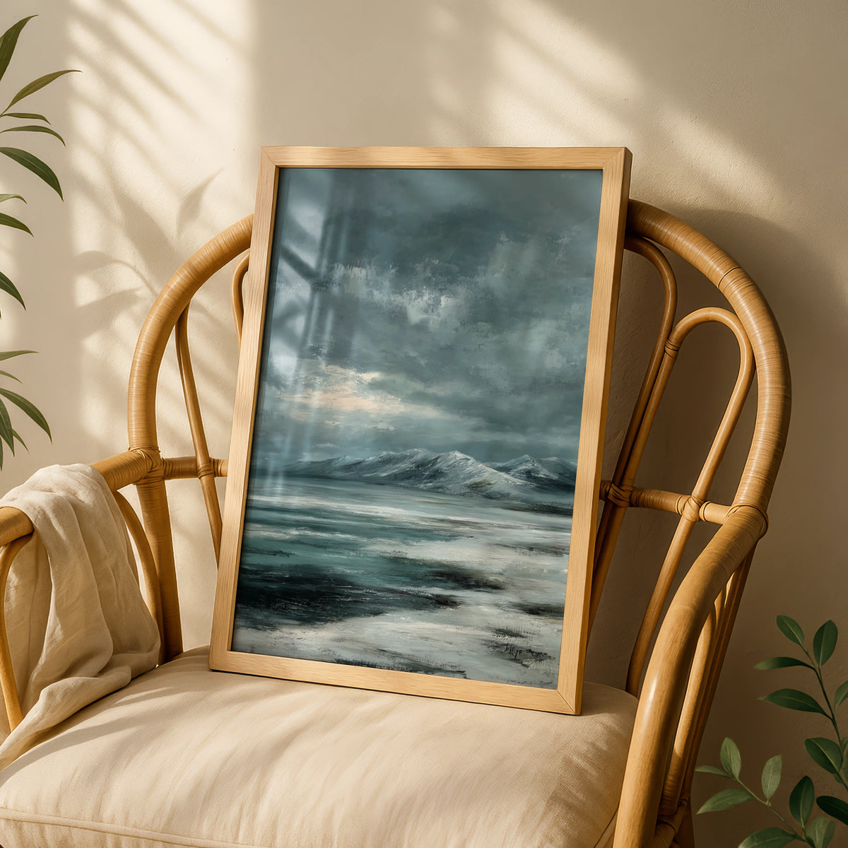 Snowy Mountain Landscape Poster, Winter Arctic Wall Art, Teal Grey Moody Sky