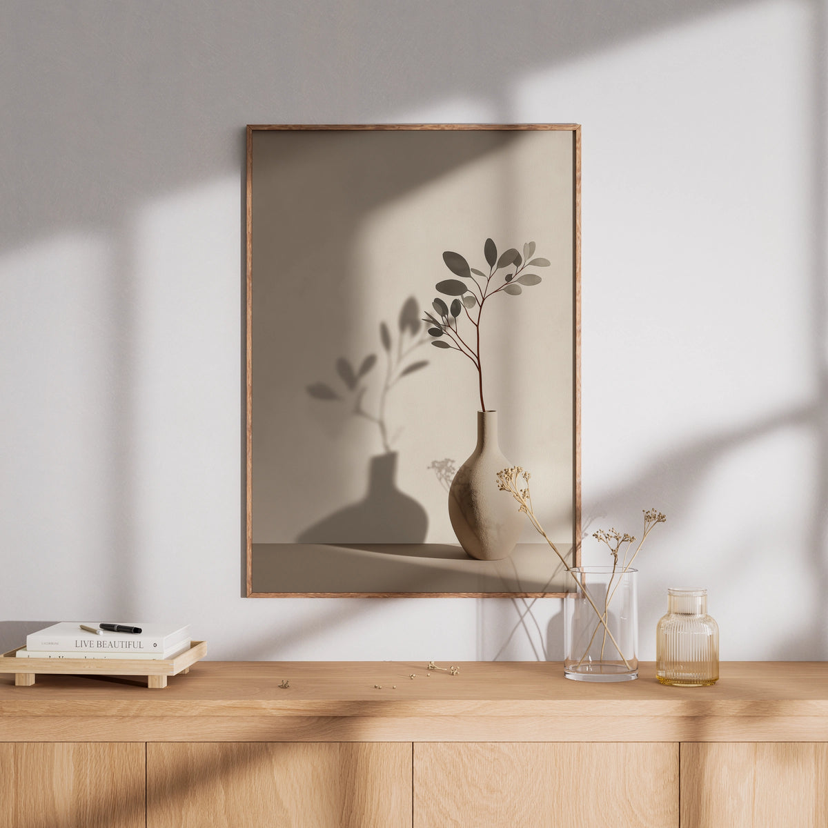Minimalist Botanical Vase Poster, Beige Neutral Leaf Shadow Wall Art, Boho Home Decor