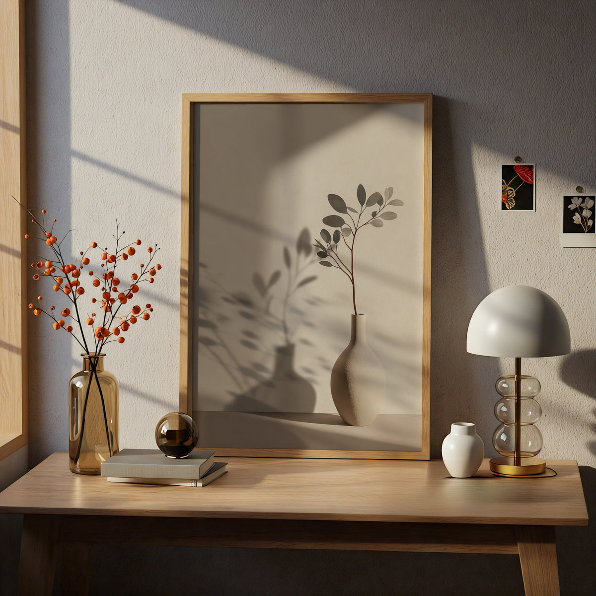 Minimalist Botanical Vase Poster, Beige Neutral Leaf Shadow Wall Art, Boho Home Decor