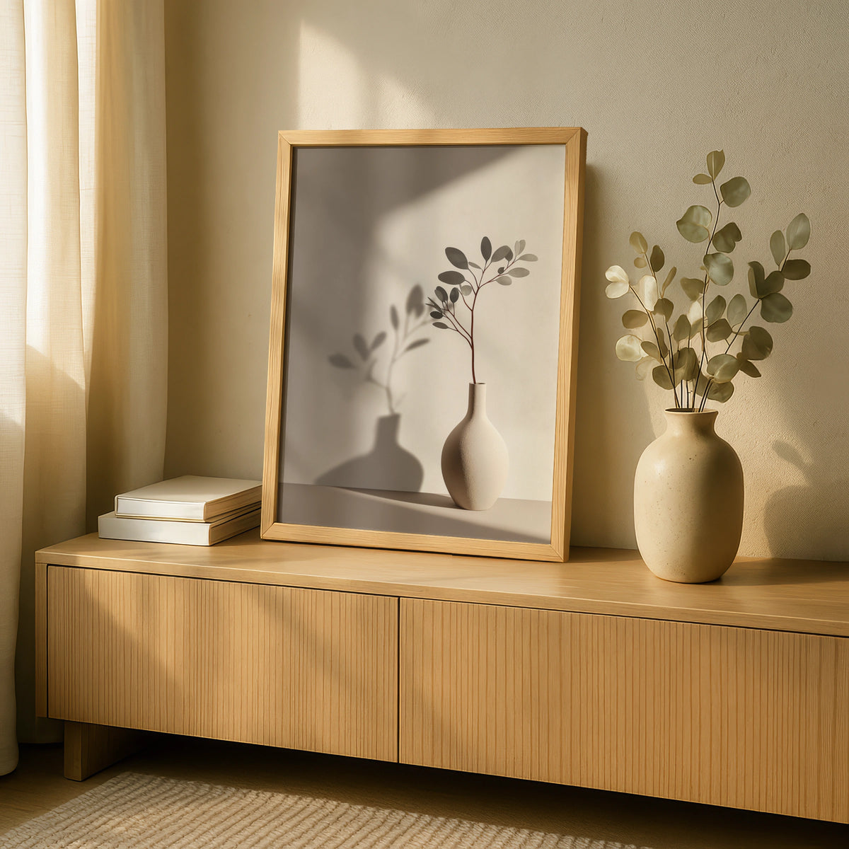 Minimalist Botanical Vase Poster, Beige Neutral Leaf Shadow Wall Art, Boho Home Decor