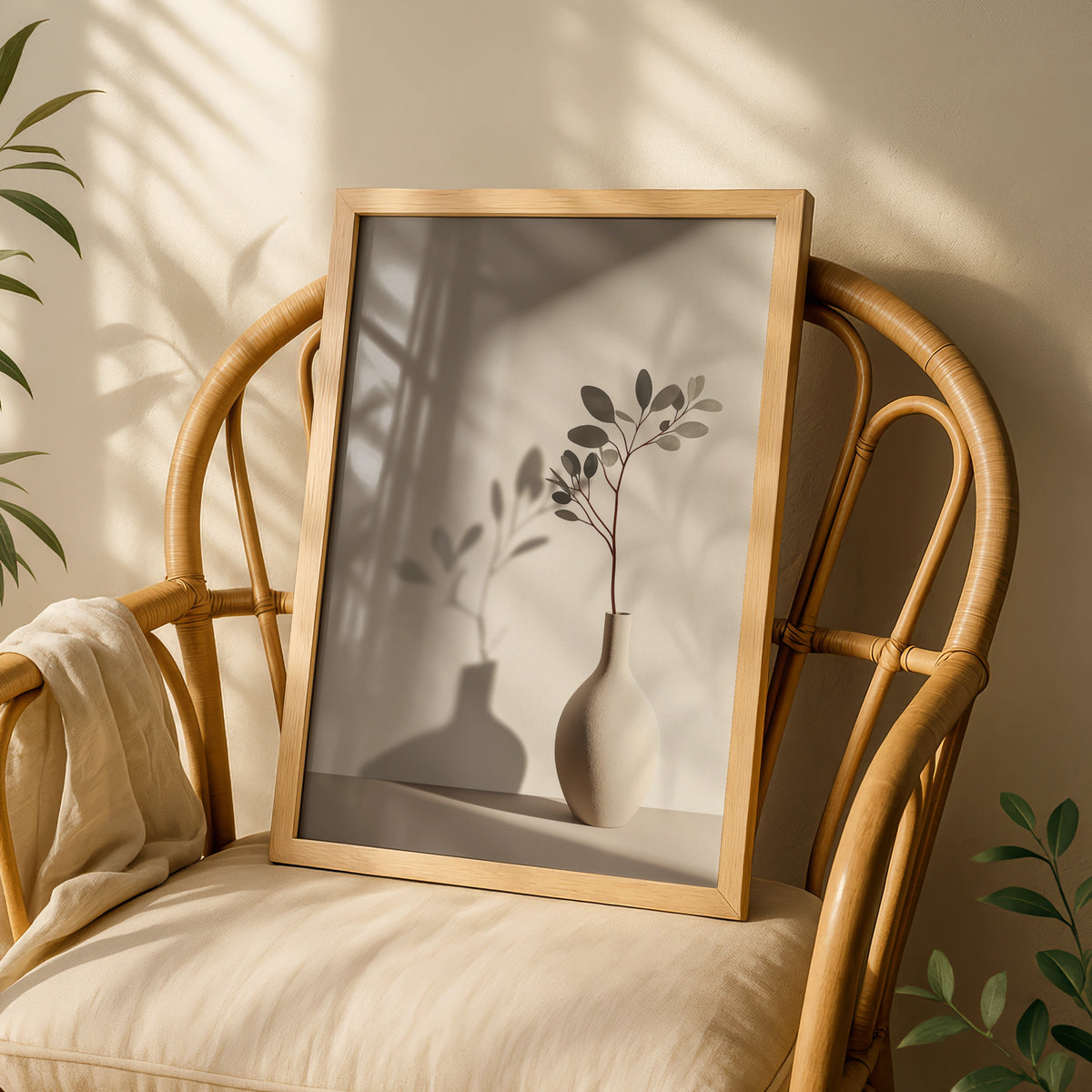 Minimalist Botanical Vase Poster, Beige Neutral Leaf Shadow Wall Art, Boho Home Decor