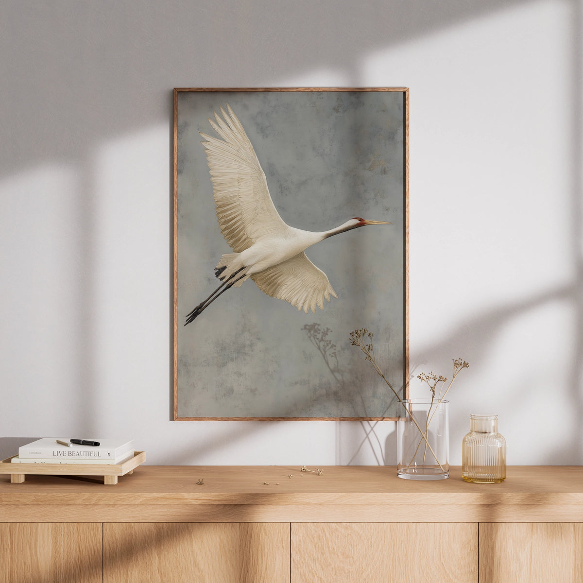 White Crane in Flight Poster, Bird Wall Art, Minimalist Nature Poster, Grey Neutral Decor