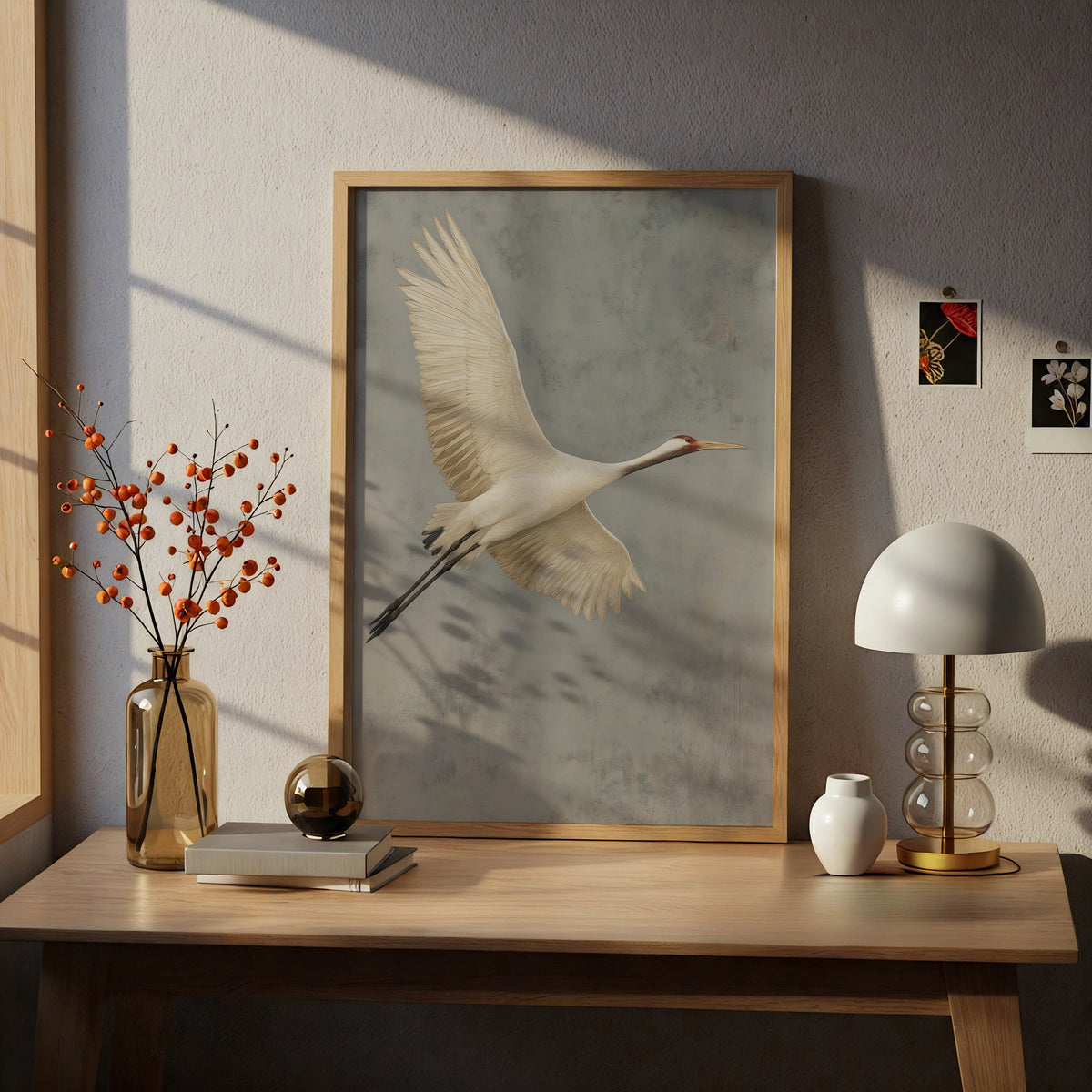 White Crane in Flight Poster, Bird Wall Art, Minimalist Nature Poster, Grey Neutral Decor