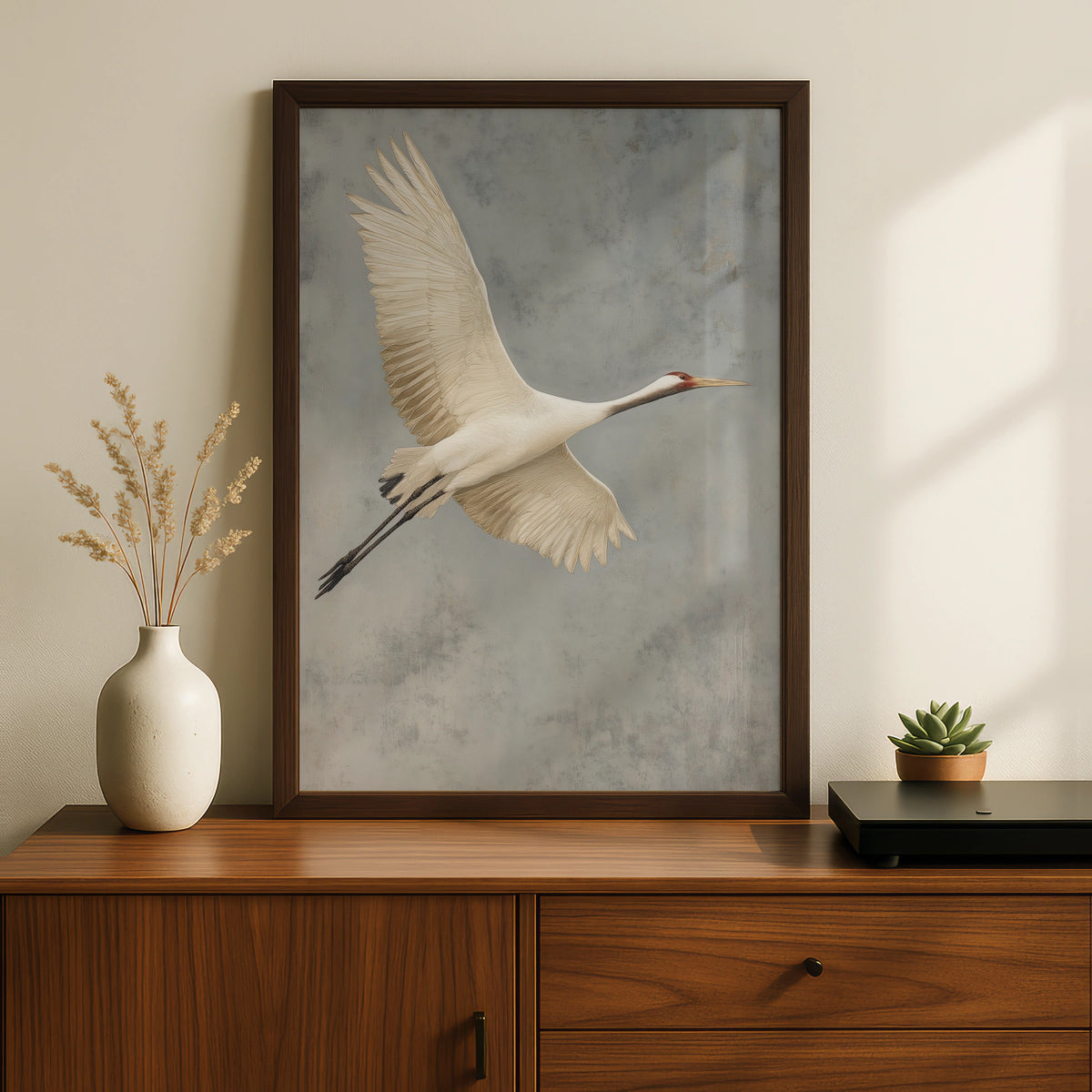 White Crane in Flight Poster, Bird Wall Art, Minimalist Nature Poster, Grey Neutral Decor