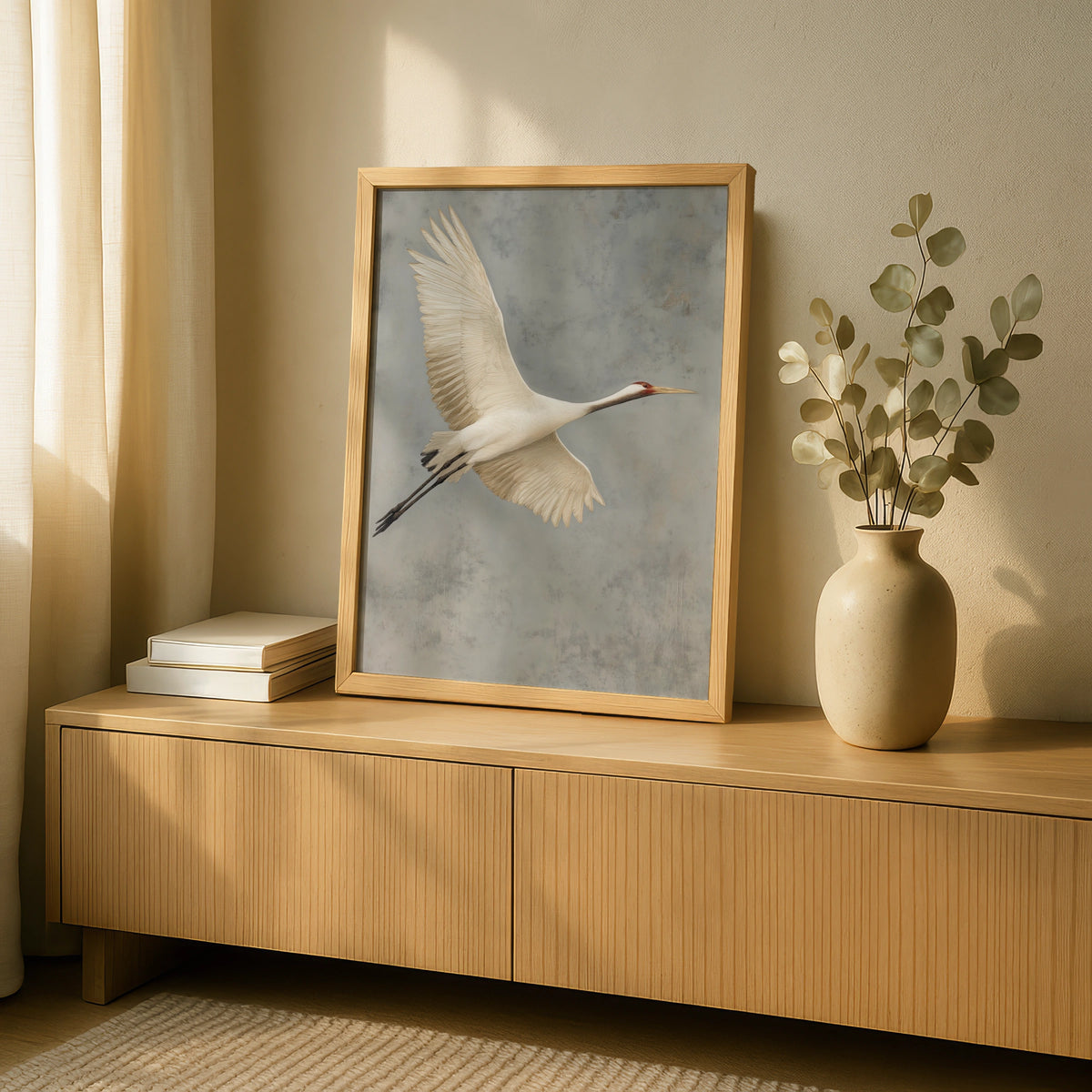 White Crane in Flight Poster, Bird Wall Art, Minimalist Nature Poster, Grey Neutral Decor