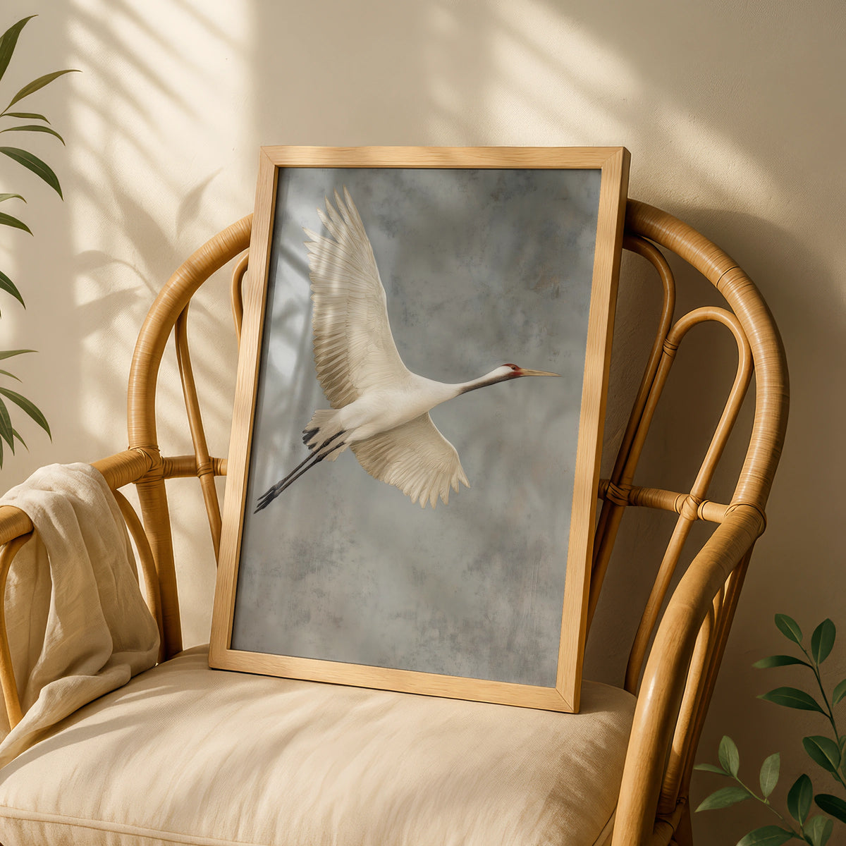 White Crane in Flight Poster, Bird Wall Art, Minimalist Nature Poster, Grey Neutral Decor