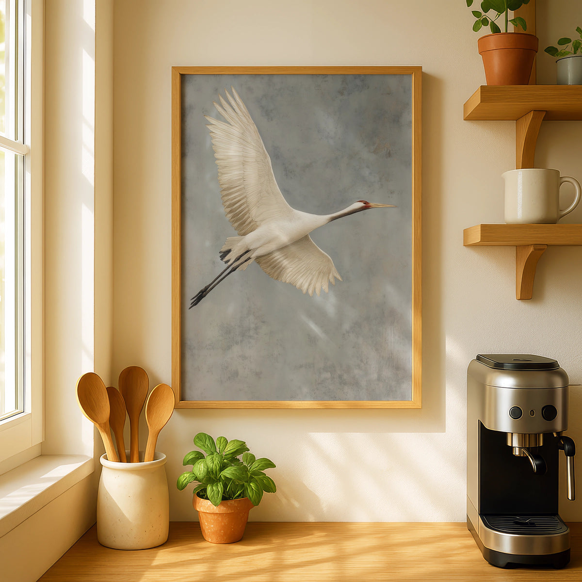 White Crane in Flight Poster, Bird Wall Art, Minimalist Nature Poster, Grey Neutral Decor