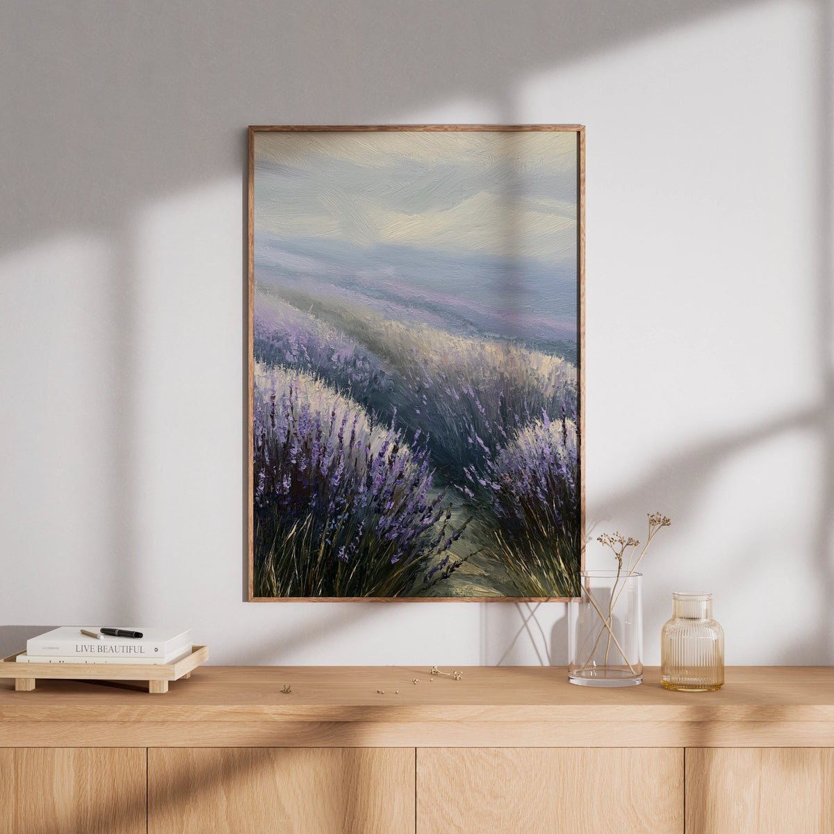 Lavender Field Poster, Purple Floral Landscape Wall Art, Misty Morning Nature Poster