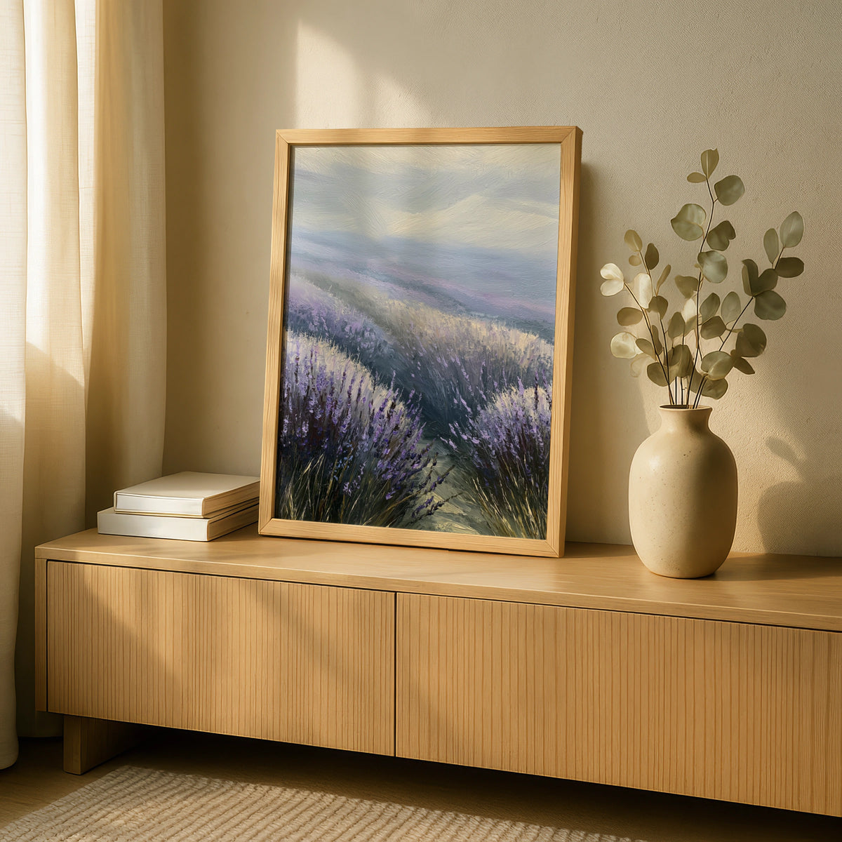 Lavender Field Poster, Purple Floral Landscape Wall Art, Misty Morning Nature Poster
