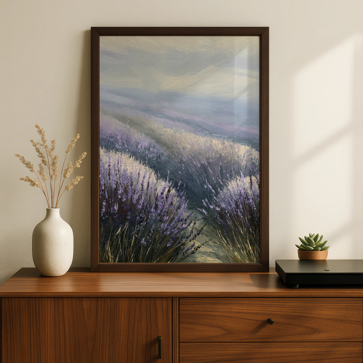 Lavender Field Poster, Purple Floral Landscape Wall Art, Misty Morning Nature Poster