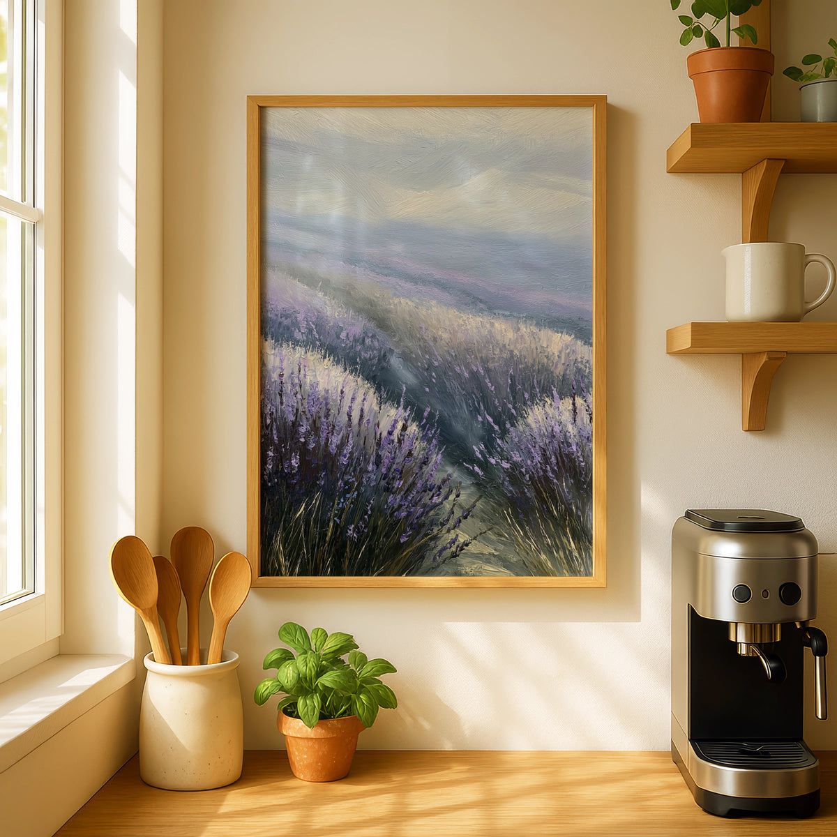 Lavender Field Poster, Purple Floral Landscape Wall Art, Misty Morning Nature Poster