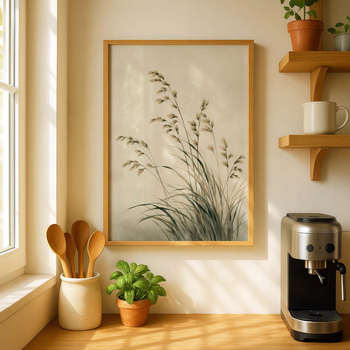 Tall Wild Grass Poster, Botanical Wall Art, Neutral Beige Minimalist Nature Poster