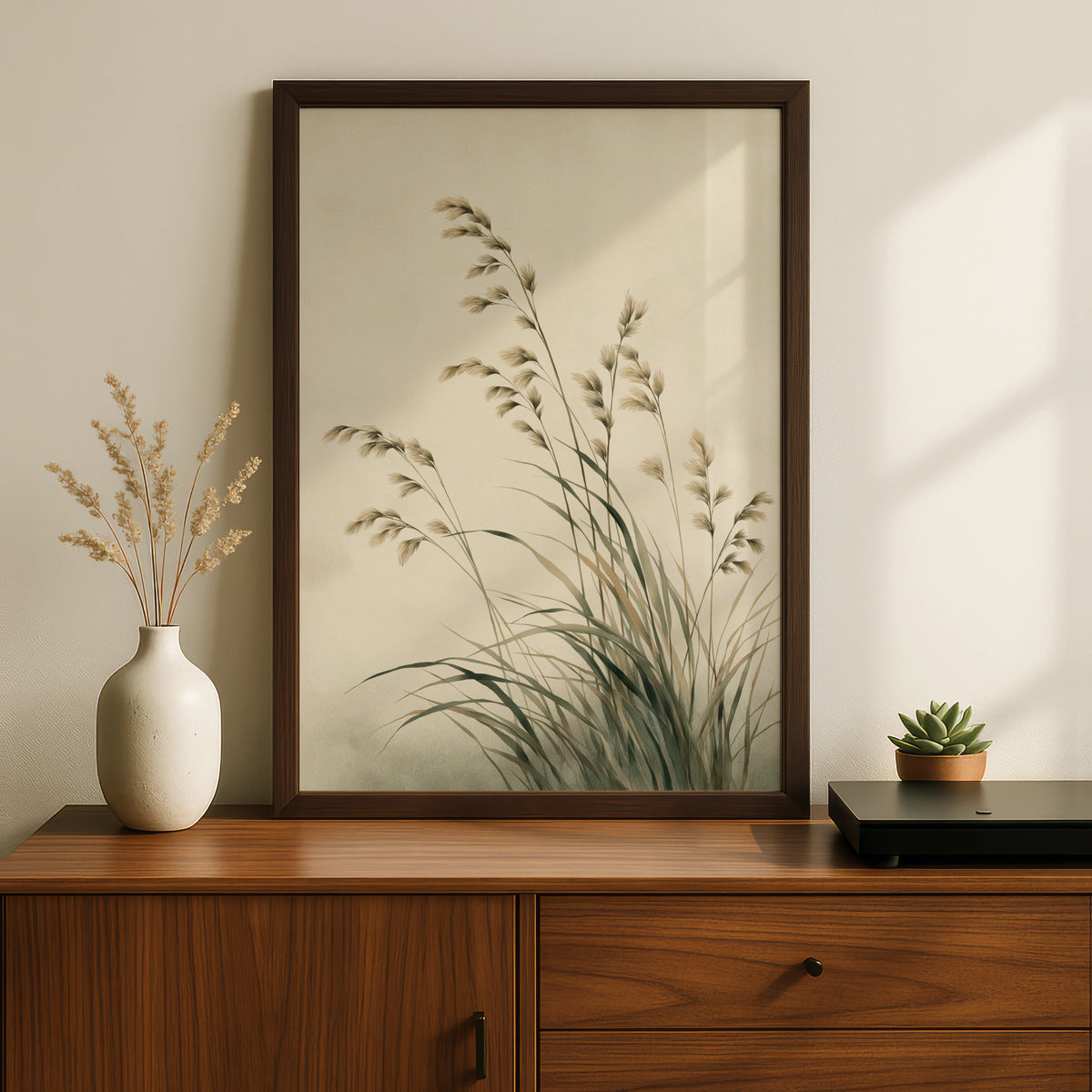 Tall Wild Grass Poster, Botanical Wall Art, Neutral Beige Minimalist Nature Poster