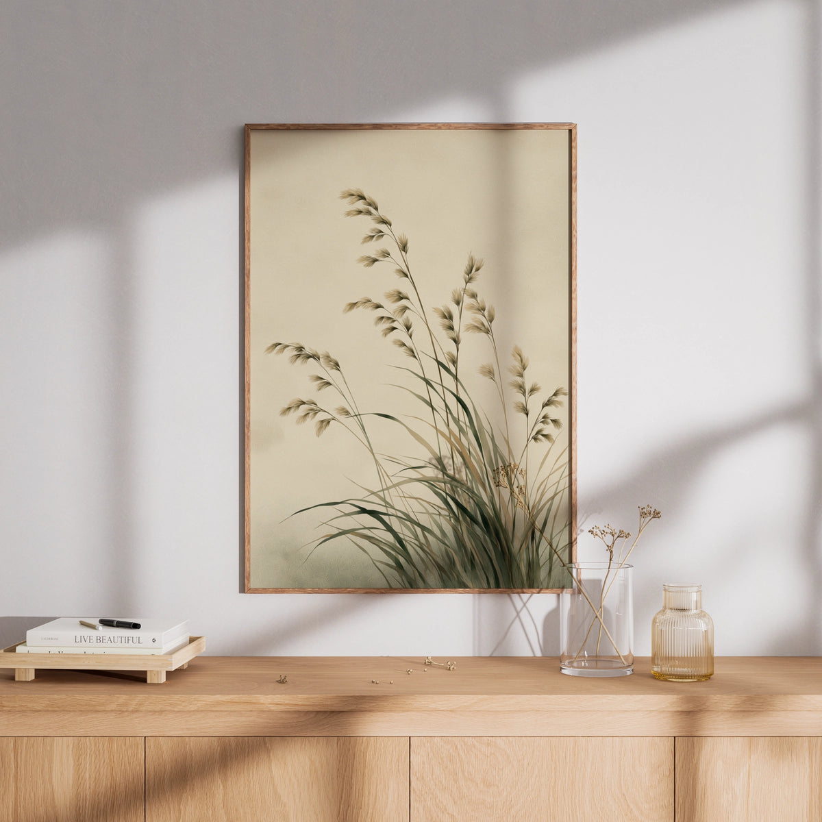 Tall Wild Grass Poster, Botanical Wall Art, Neutral Beige Minimalist Nature Poster