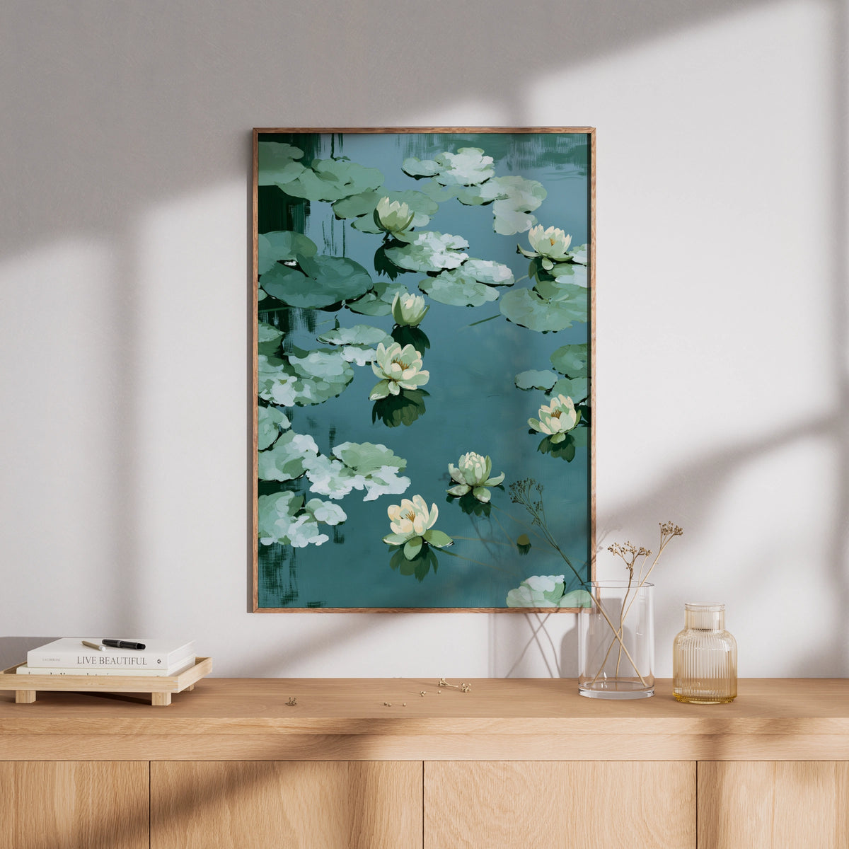 Water Lily Pond Poster, Minimalist Botanical Wall Art, Green Floral Nature Decor