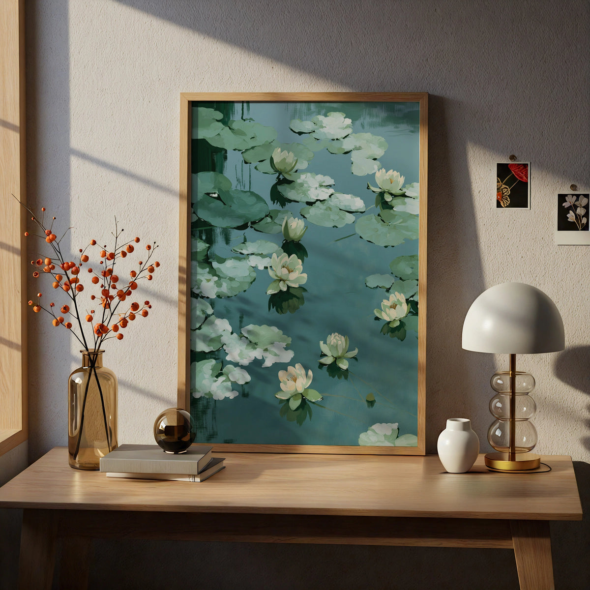 Water Lily Pond Poster, Minimalist Botanical Wall Art, Green Floral Nature Decor