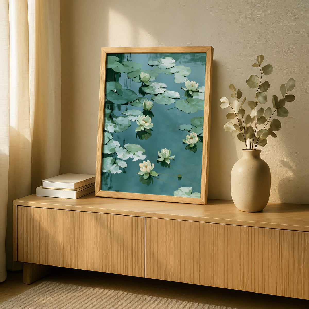 Water Lily Pond Poster, Minimalist Botanical Wall Art, Green Floral Nature Decor
