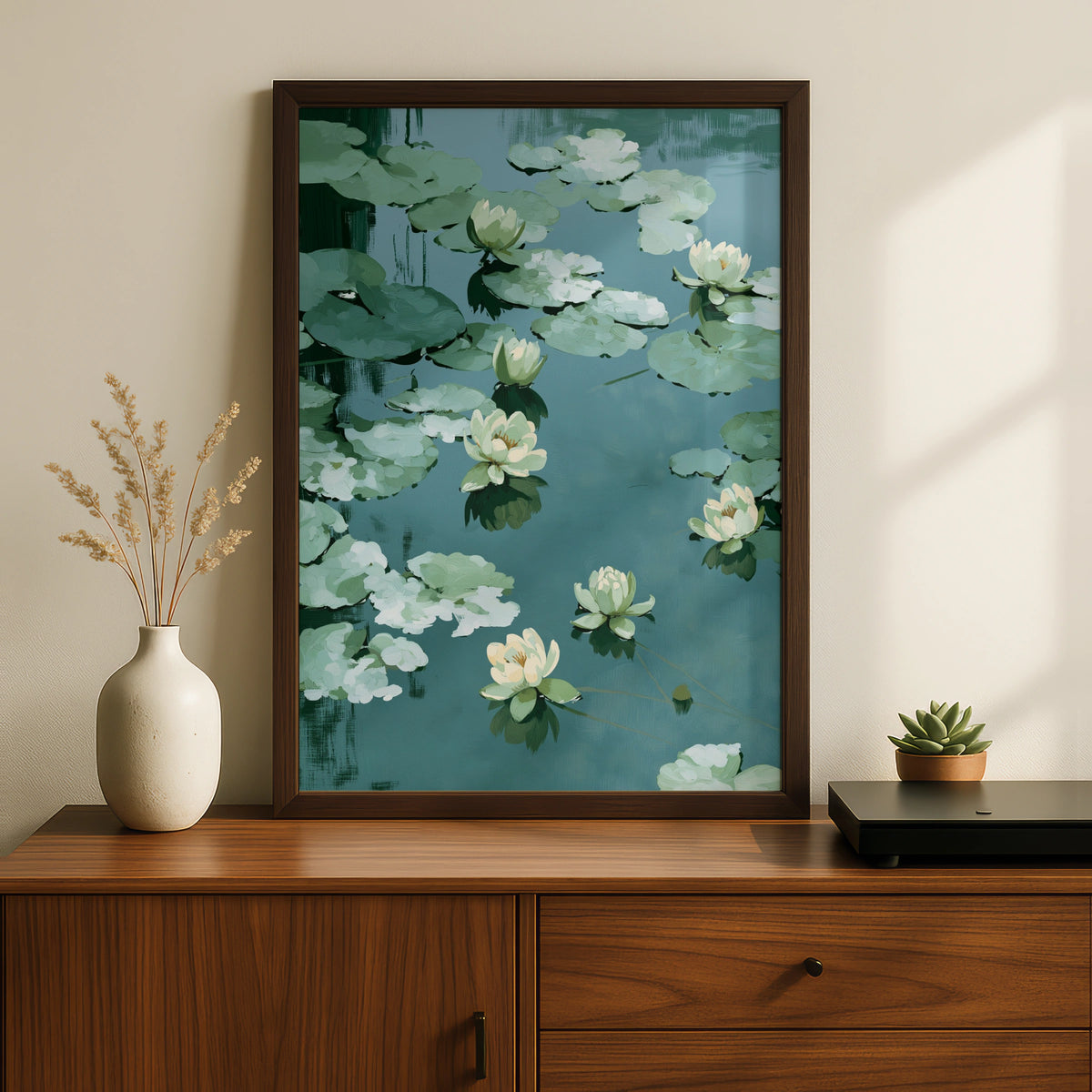Water Lily Pond Poster, Minimalist Botanical Wall Art, Green Floral Nature Decor