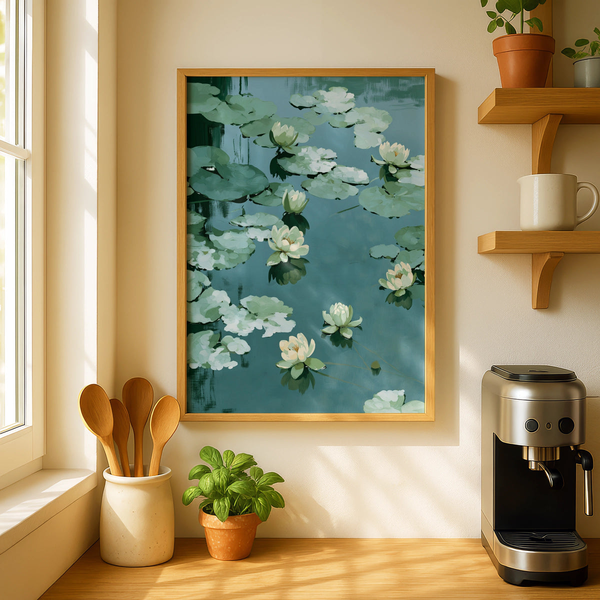 Water Lily Pond Poster, Minimalist Botanical Wall Art, Green Floral Nature Decor