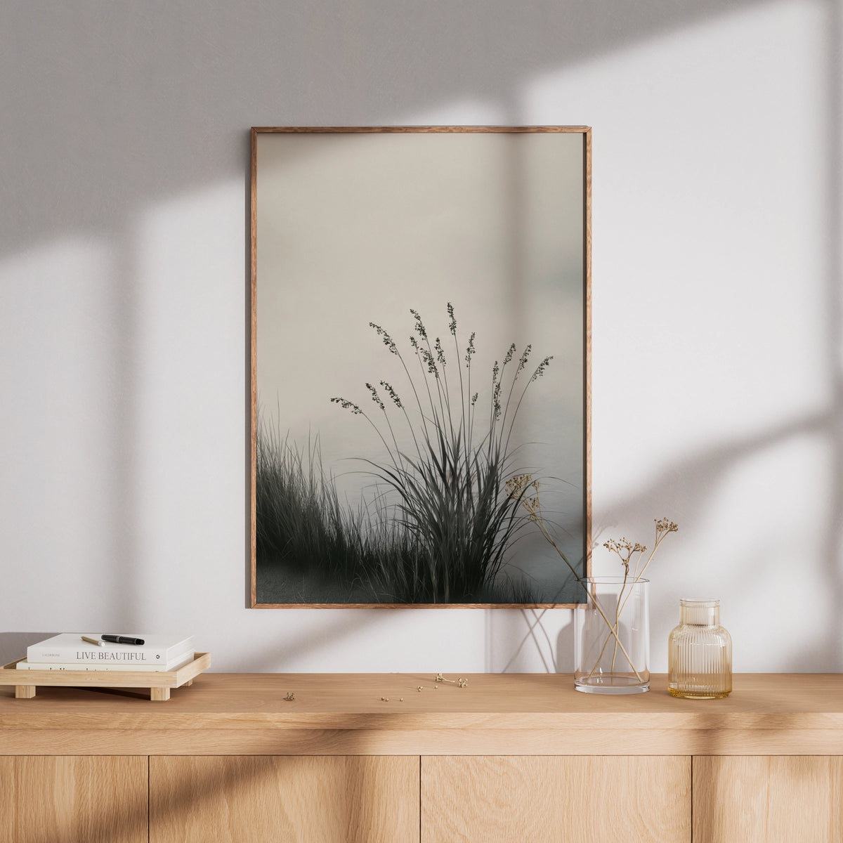 Misty Lake Reed Poster, Minimalist Nature Wall Art, Grey Botanical, Calm