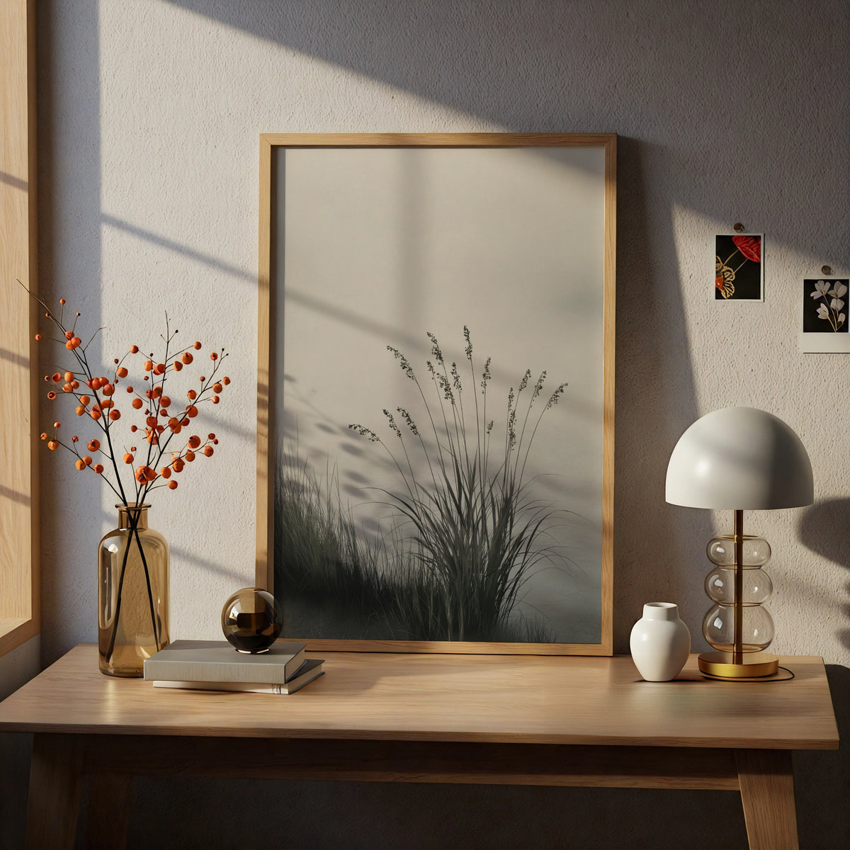 Misty Lake Reed Poster, Minimalist Nature Wall Art, Grey Botanical, Calm