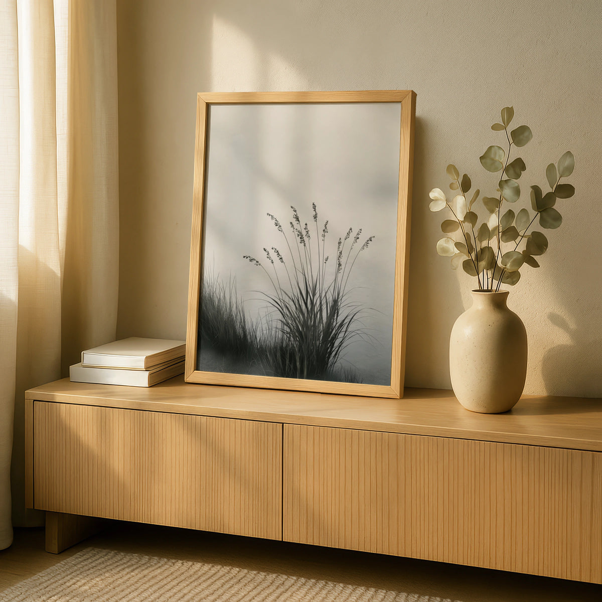 Misty Lake Reed Poster, Minimalist Nature Wall Art, Grey Botanical, Calm
