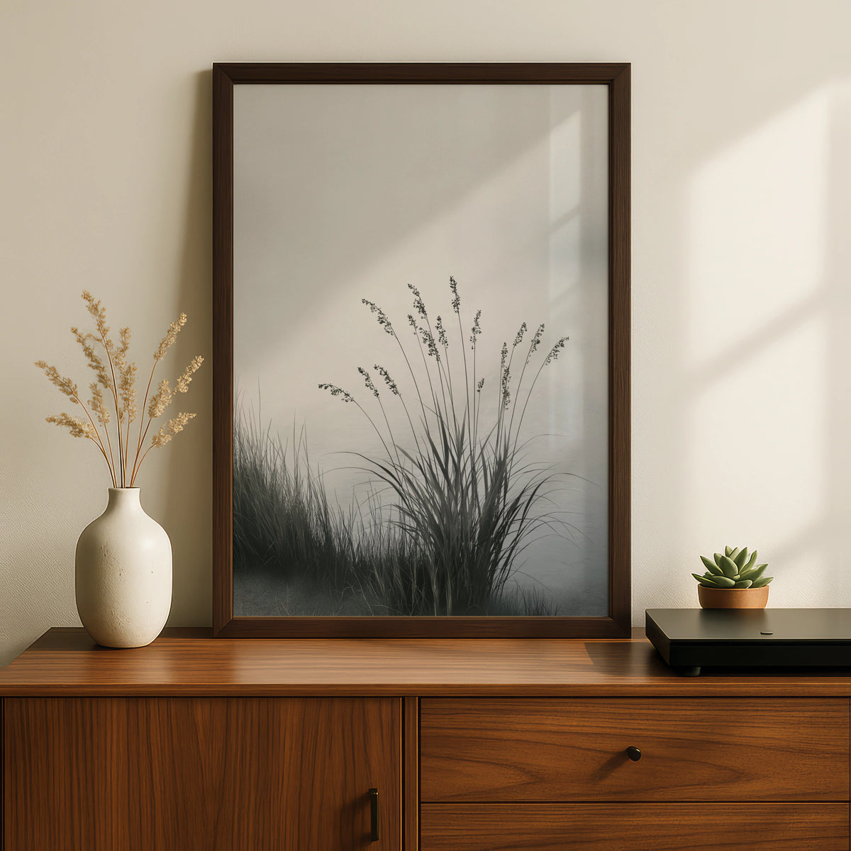 Misty Lake Reed Poster, Minimalist Nature Wall Art, Grey Botanical, Calm