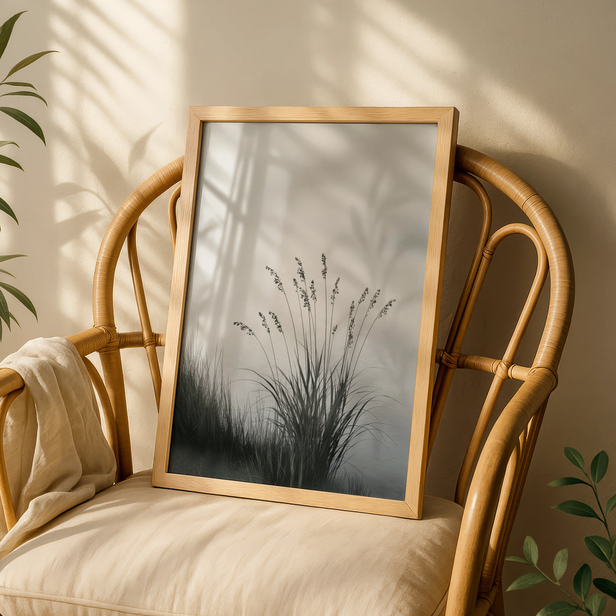 Misty Lake Reed Poster, Minimalist Nature Wall Art, Grey Botanical, Calm