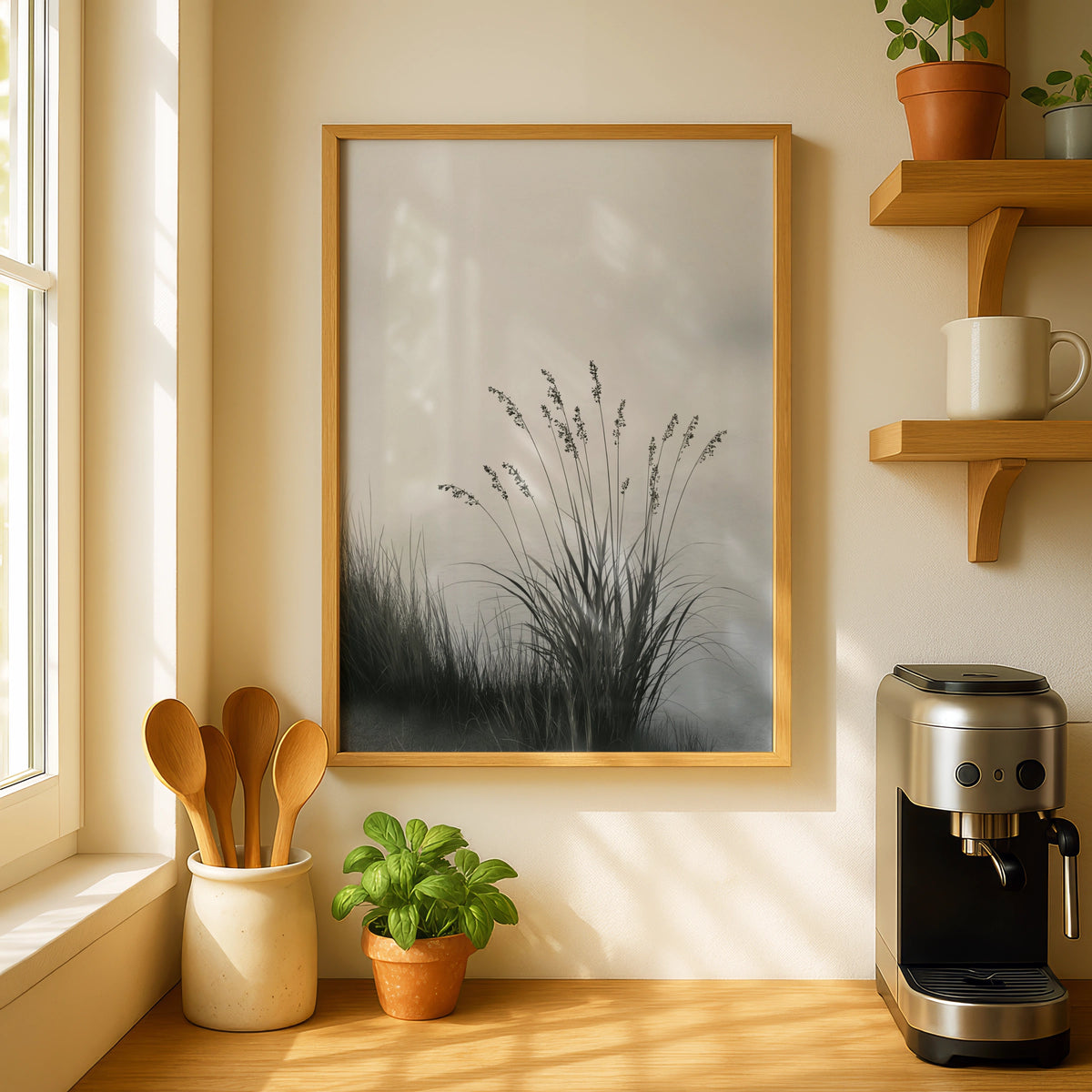 Misty Lake Reed Poster, Minimalist Nature Wall Art, Grey Botanical, Calm