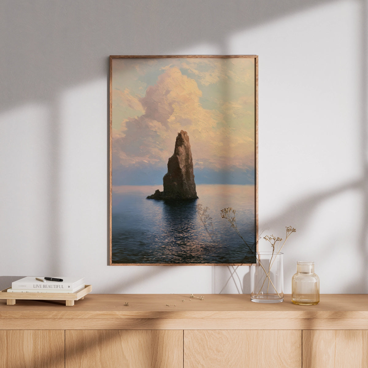Sea Stack Ocean Poster, Pastel Seascape Wall Art, Coastal Rock Painting, Calm Water Nature Decor