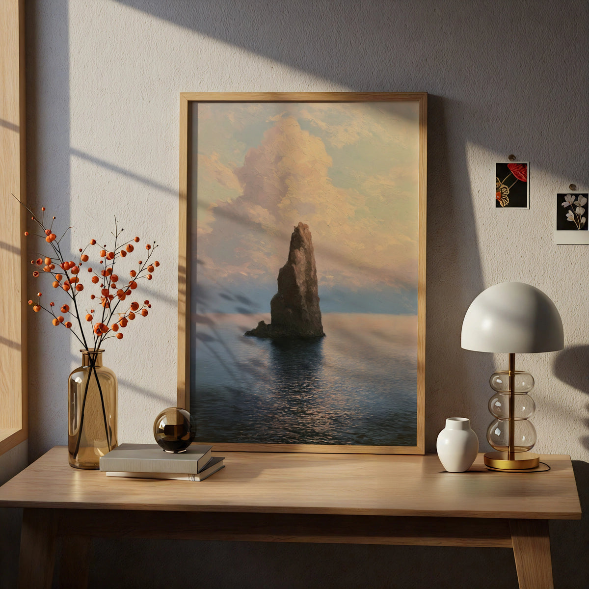 Sea Stack Ocean Poster, Pastel Seascape Wall Art, Coastal Rock Painting, Calm Water Nature Decor