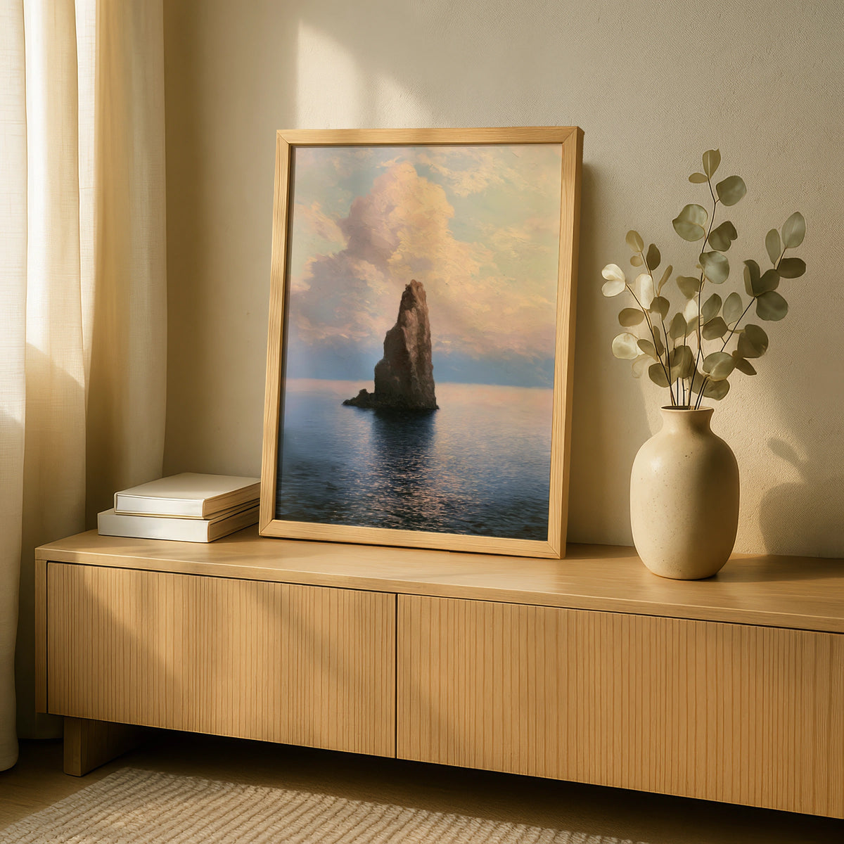 Sea Stack Ocean Poster, Pastel Seascape Wall Art, Coastal Rock Painting, Calm Water Nature Decor