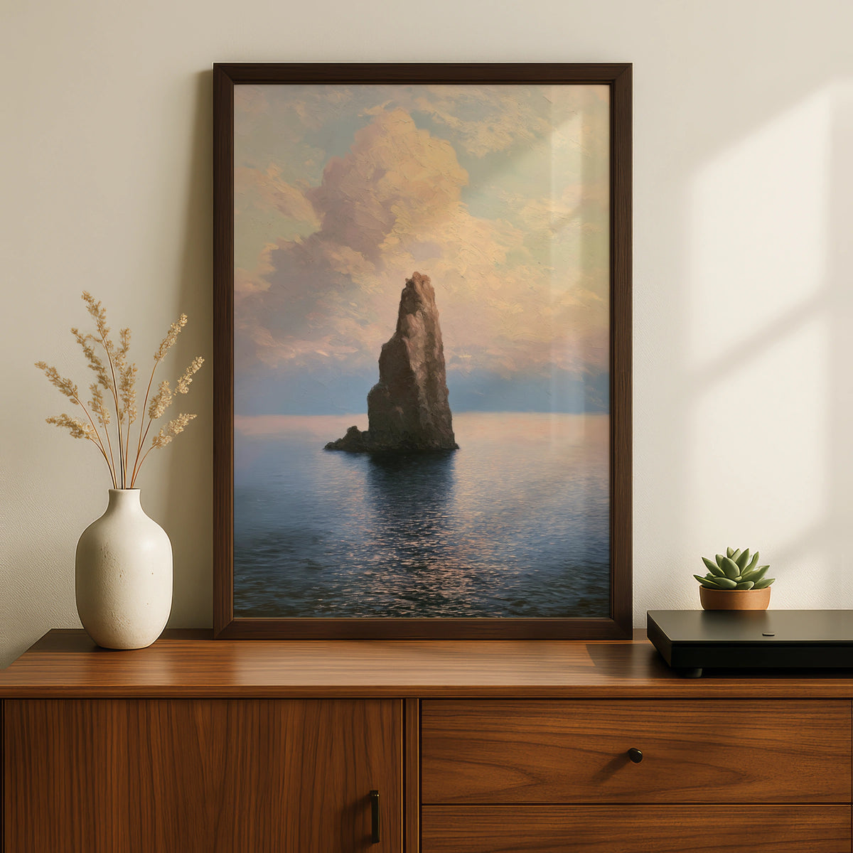 Sea Stack Ocean Poster, Pastel Seascape Wall Art, Coastal Rock Painting, Calm Water Nature Decor