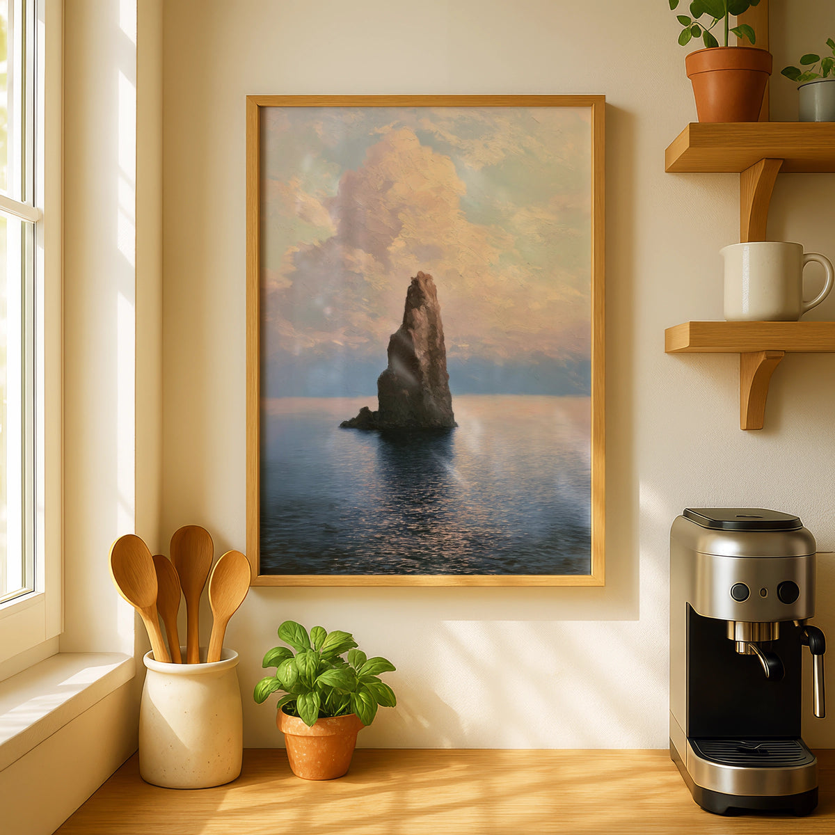 Sea Stack Ocean Poster, Pastel Seascape Wall Art, Coastal Rock Painting, Calm Water Nature Decor