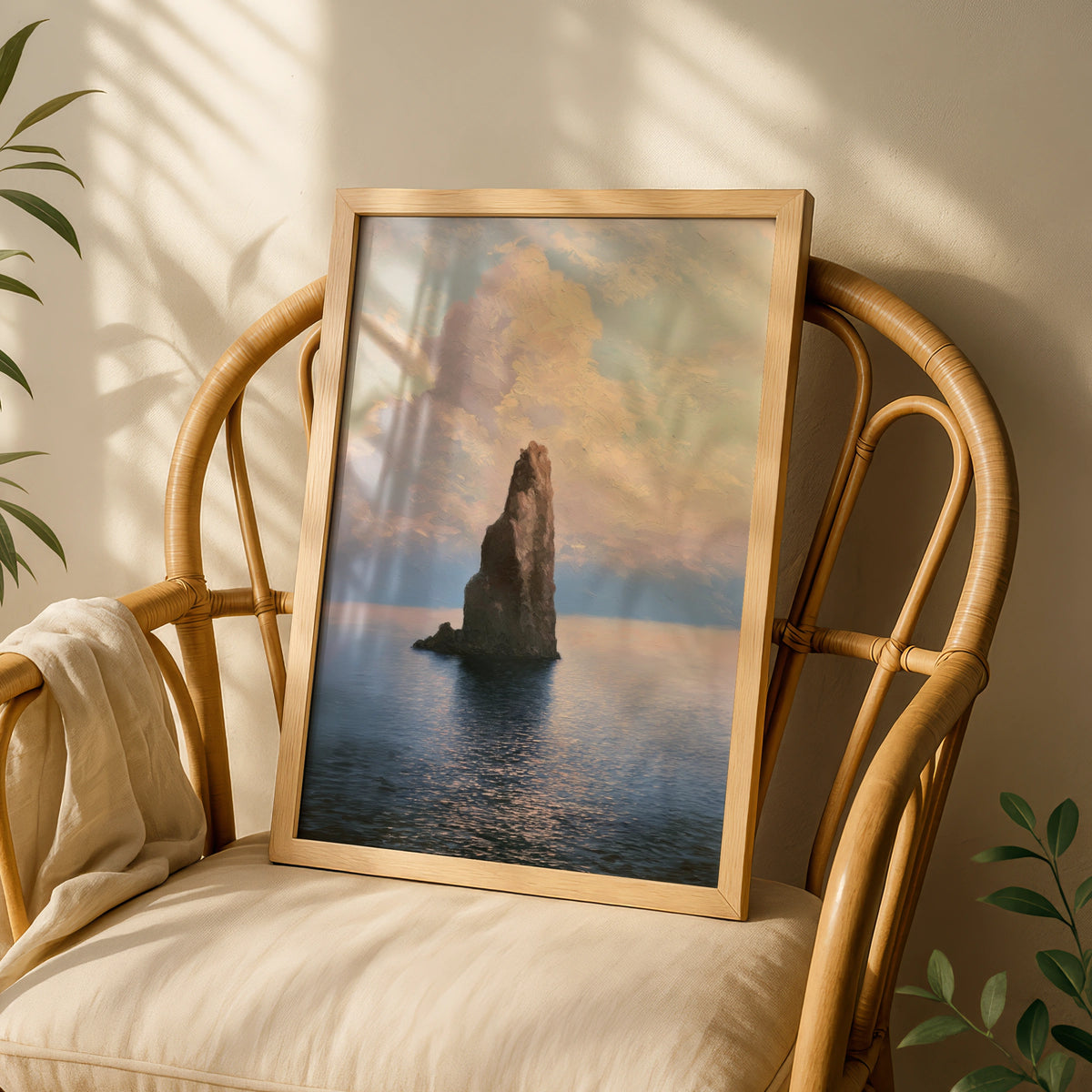 Sea Stack Ocean Poster, Pastel Seascape Wall Art, Coastal Rock Painting, Calm Water Nature Decor
