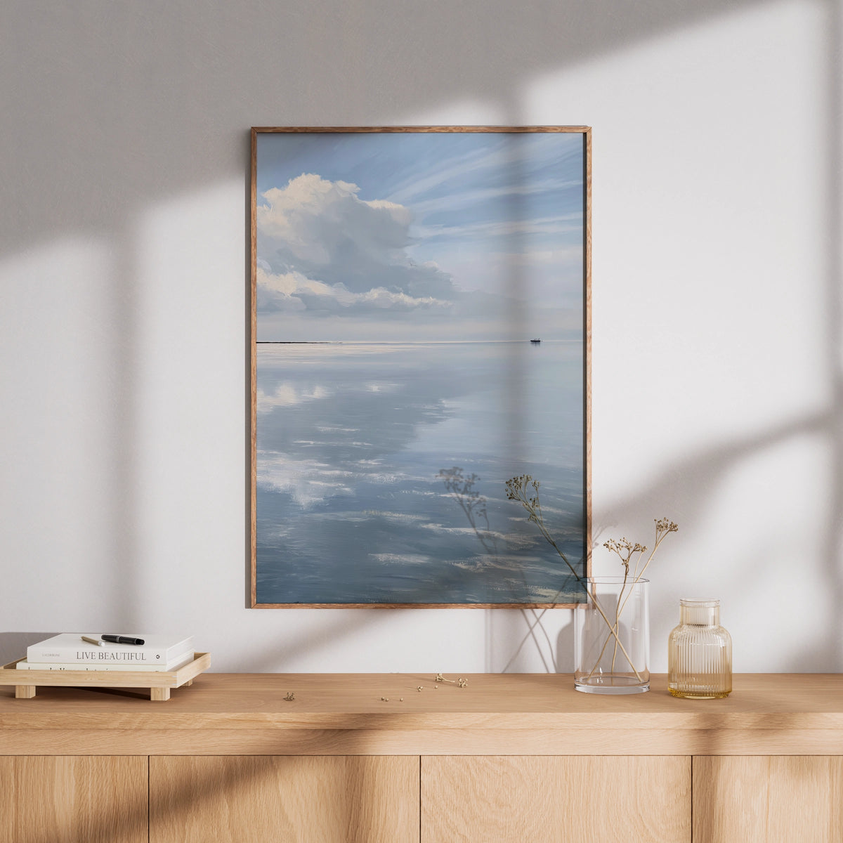 Minimalist Seascape Poster, Lone Boat Calm Water, Pale Blue Sky Wall Art, Cloud Reflection