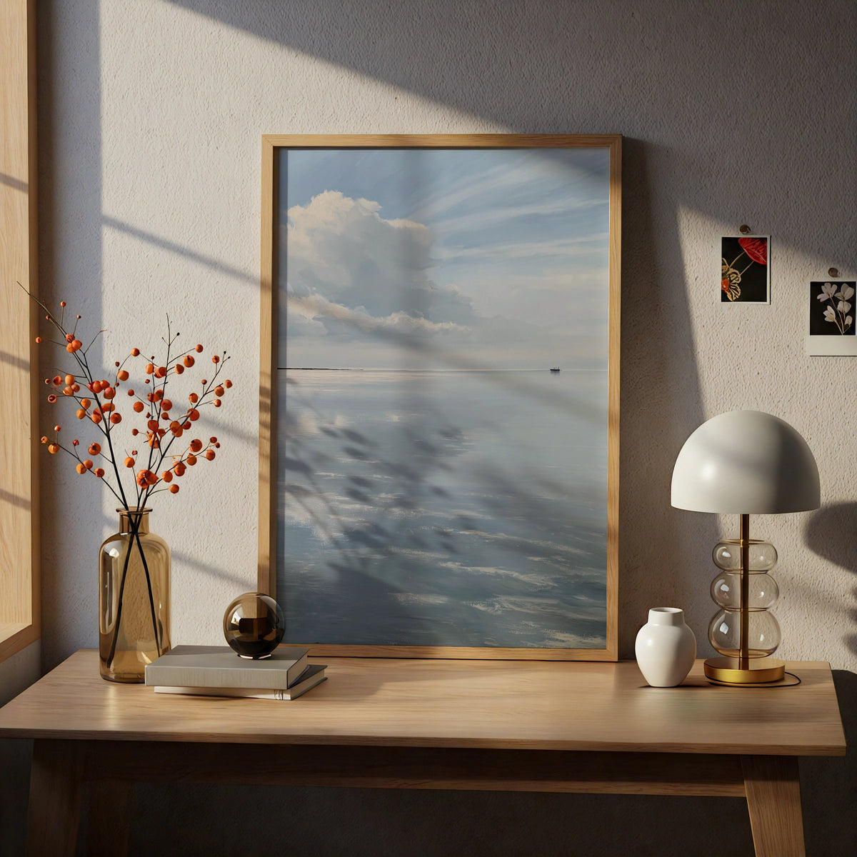 Minimalist Seascape Poster, Lone Boat Calm Water, Pale Blue Sky Wall Art, Cloud Reflection