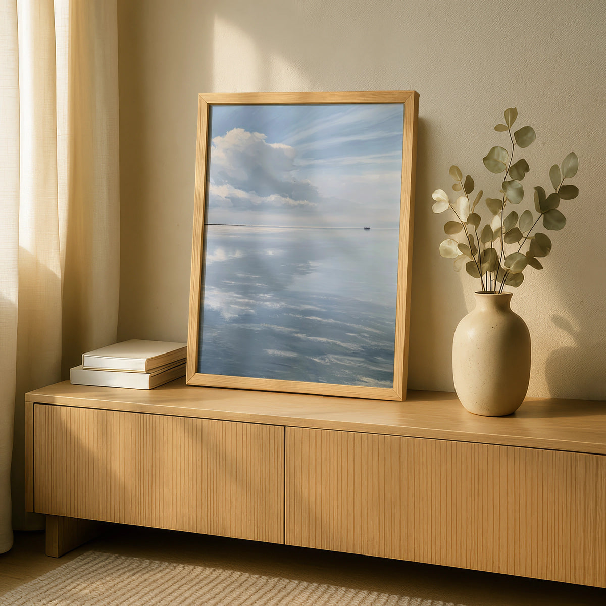 Minimalist Seascape Poster, Lone Boat Calm Water, Pale Blue Sky Wall Art, Cloud Reflection