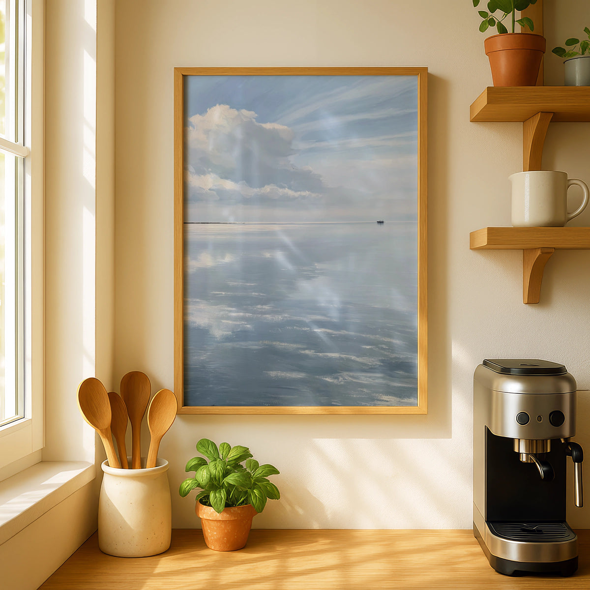 Minimalist Seascape Poster, Lone Boat Calm Water, Pale Blue Sky Wall Art, Cloud Reflection