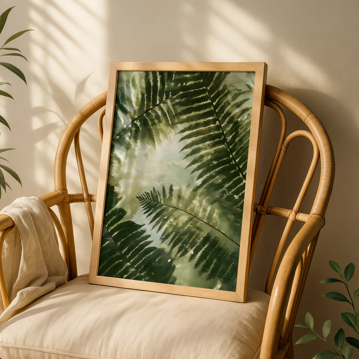 Giant Fern Leaves Poster, Botanical Green Wall Art, Filtered Sunlight Nature Poster