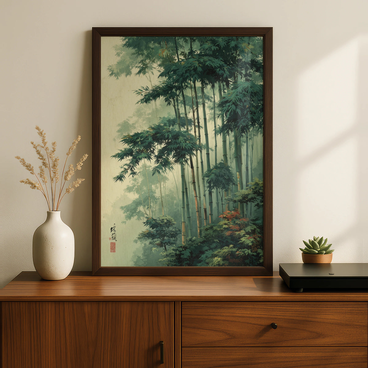 Japanese Bamboo Forest Poster, Botanical Wall Art, Green Zen Woodblock Style Decor
