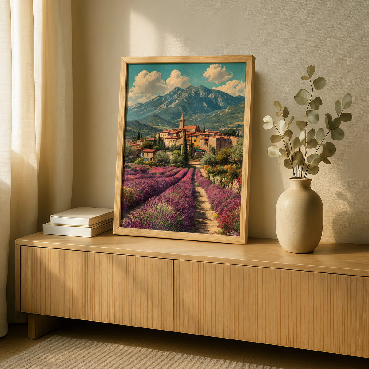 Provence Lavender Field Poster, Vintage French Village Travel Wall Art, France