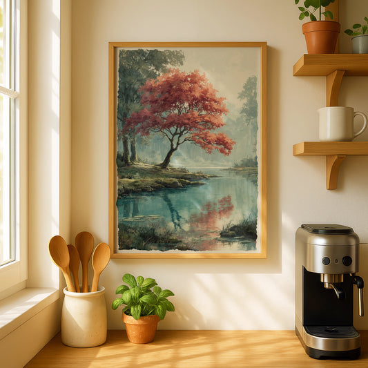 Japanese Maple Tree Poster, Autumn Pond Wall Art, Misty Forest Nature Poster, Red Foliage