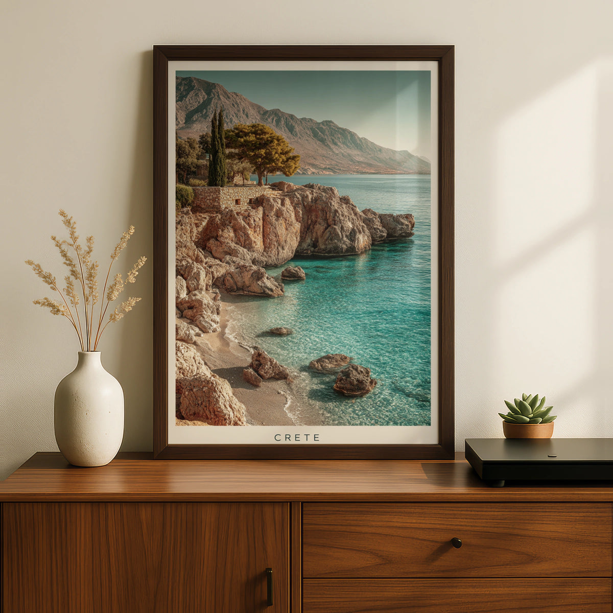 Crete Poster, Greek Island Wall Art, Minimalist Mediterranean Coast, Teal Sea Travel Poster