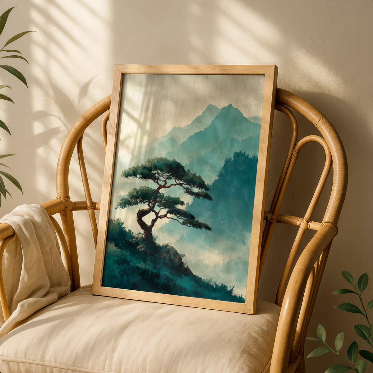 Japanese Pine Tree Poster, Misty Mountain Wall Art, Teal Nature Landscape, Zen Asian Decor