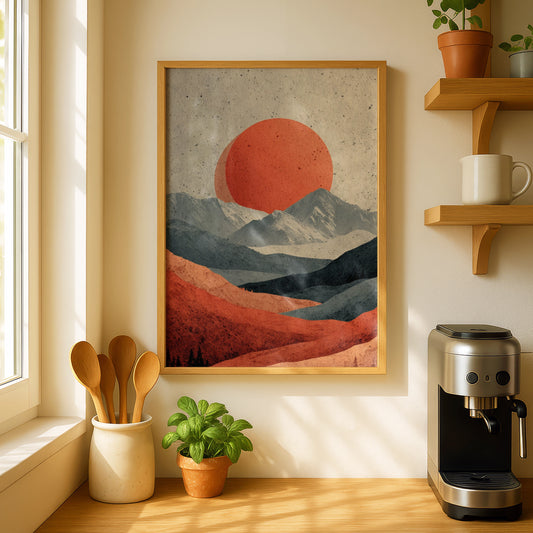 Muted Sun Mountain Landscape Poster, Abstract Rolling Hills Wall Art, Retro